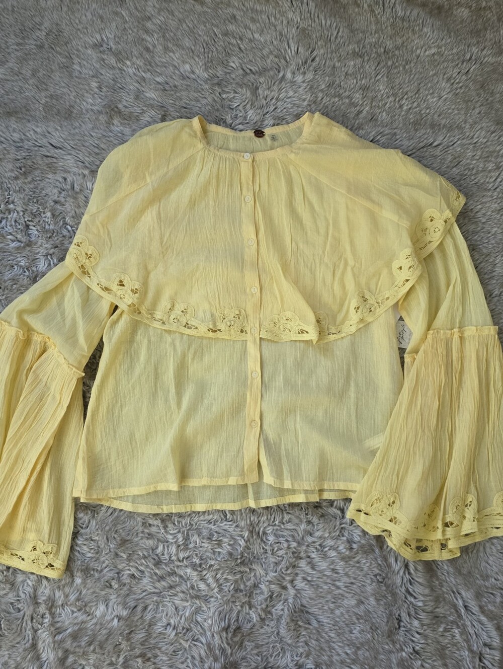 Free People Riley Battenburg Yellow Ruffle Button Front Top Women’s Medium - Picture 2 of 12
